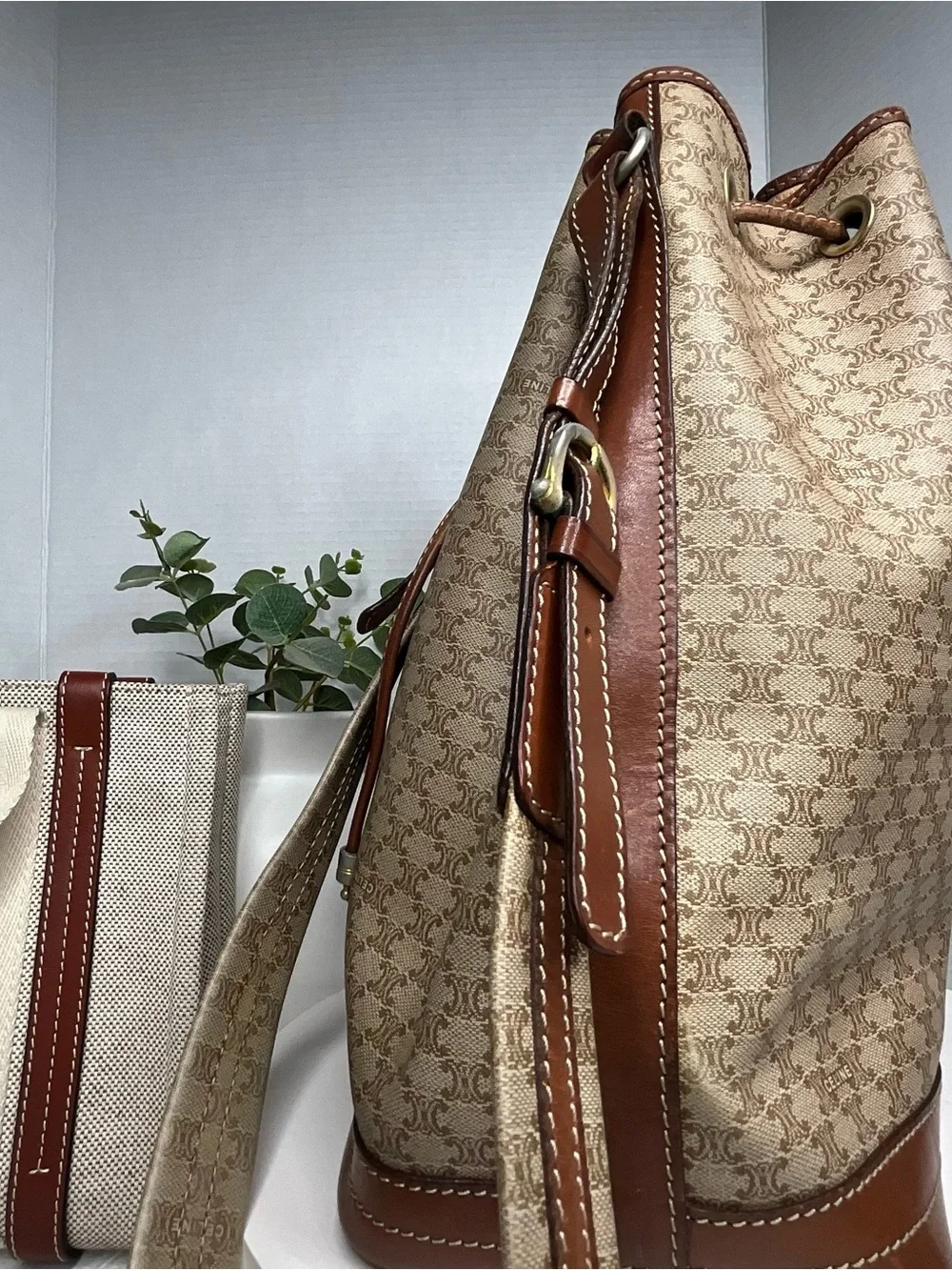 Brown Drawstring Bucket Bag with Leather Trim